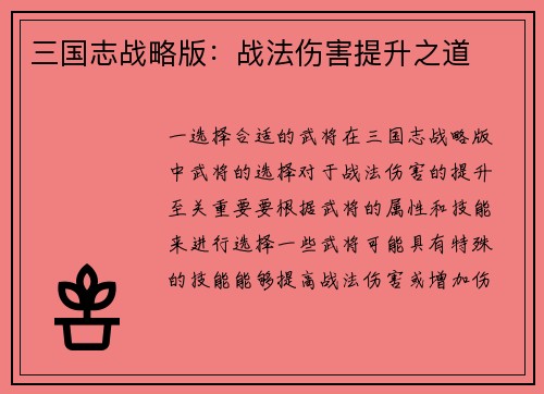 三国志战略版：战法伤害提升之道