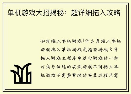 单机游戏大招揭秘：超详细拖入攻略