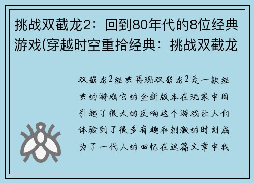 挑战双截龙2：回到80年代的8位经典游戏(穿越时空重拾经典：挑战双截龙2与80年代的8款游戏)