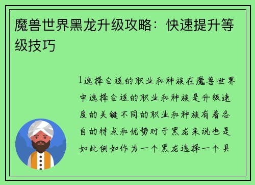 魔兽世界黑龙升级攻略：快速提升等级技巧